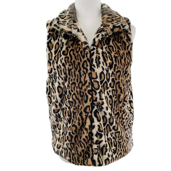 Cejon Brown Leopard Animal Print Faux Fur Sleeveless Zip Vest Jacket Women Sz M - Picture 2 of 14